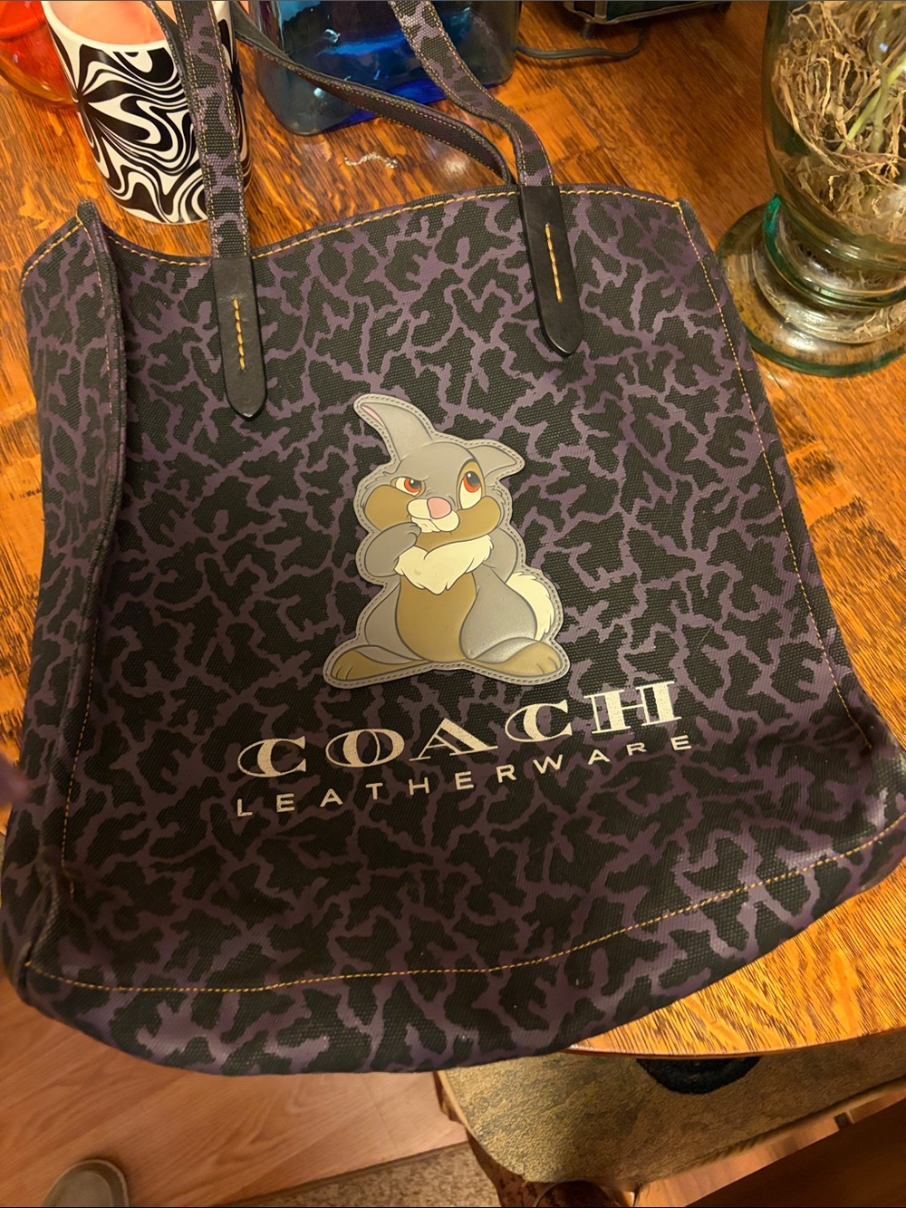 Coach Purple Leopard-Print Tote with Thumper Graphic